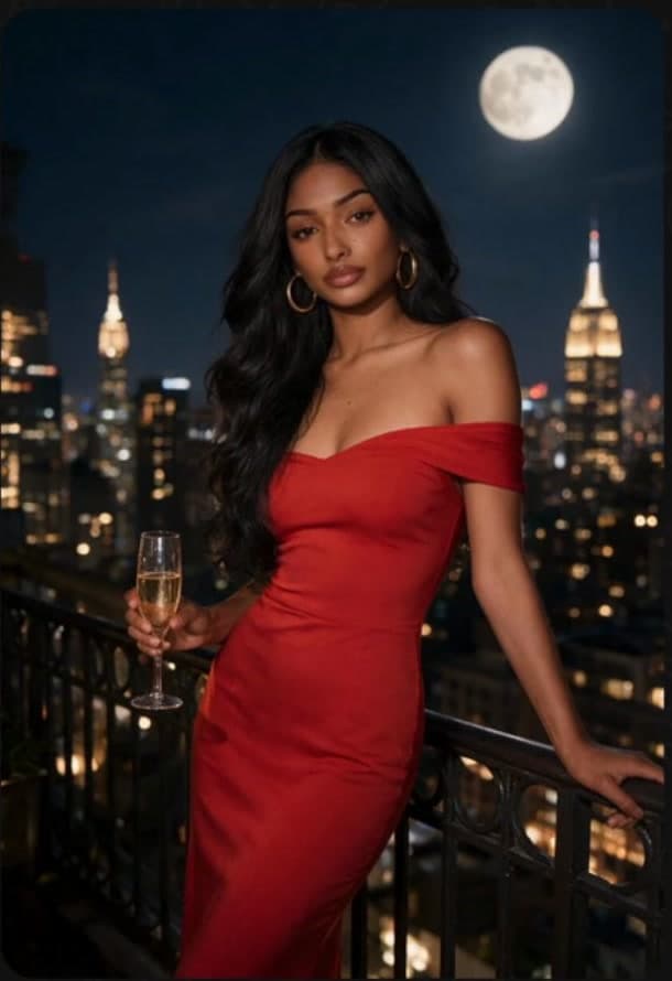 Priya on a New York rooftop at night in a red dress